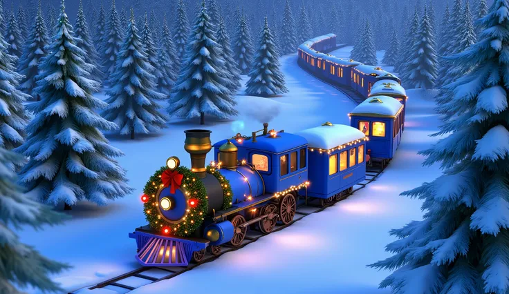 A top-down Pixar-style cartoon shot of a completely blue Christmas train weaving through a dense, snow-covered pine forest. The vibrant blue wagons stretch horizontally across the frame, fully decorated with glowing garlands, shiny red ribbons, and twinkli...