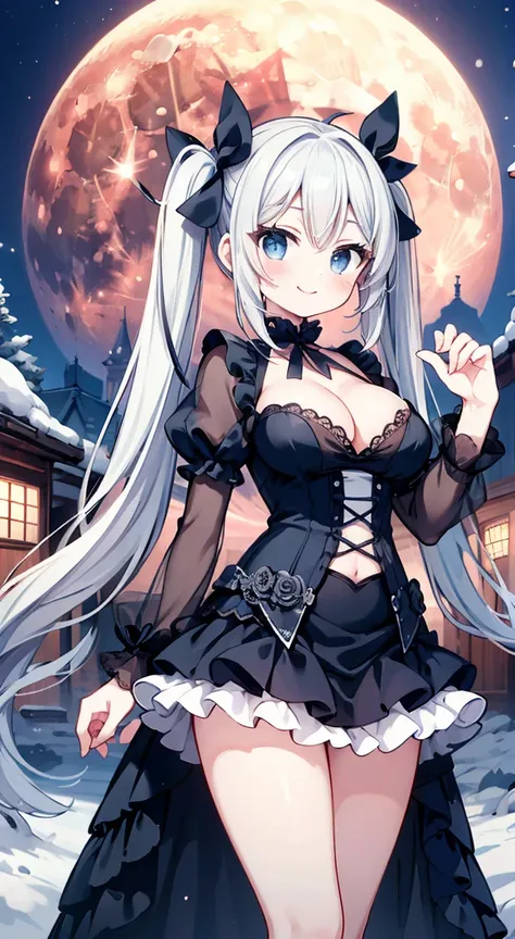 masterpiece, highest quality, (anime screencap:1.3),(shape), cute,(simple:1), (anime:1.2),Solo Sharp Focus,large breasts,seductive smile, 1 girl, cleavage,looking at the viewer, Japan,nighttime,silver hair,((mini skirt)),Are standing, twin tails,((white Go...