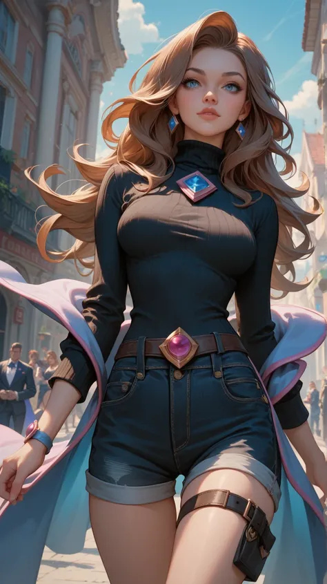 White girl, long hair, brown hair, bright blue eyes, medium breasts, petite, black cargo shorts, thigh belt, black sweater, jeans, magician stance, facing the viewer, dead monster in background