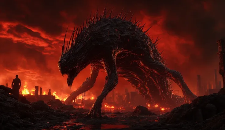 A nightmarish monster consisting of magma and lava. A fiery salamander, prowling in search of new victims, a nightmarish demon. horror. A crimson sunset, scarlet clouds in a black sky. The fire is burning. the ruins of the city. portals to hell