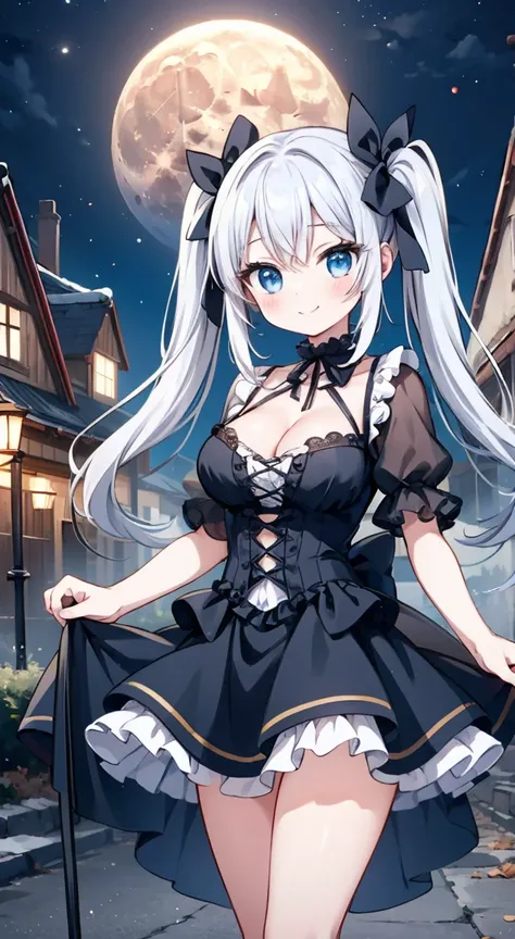 masterpiece, highest quality, (anime screencap:1.3),(shape), cute,(simple:1), (anime:1.2),Solo Sharp Focus,large breasts,seductive smile, 1 girl, cleavage,looking at the viewer, Japan,nighttime,silver hair,((mini skirt)),Are standing, twin tails,((white Go...