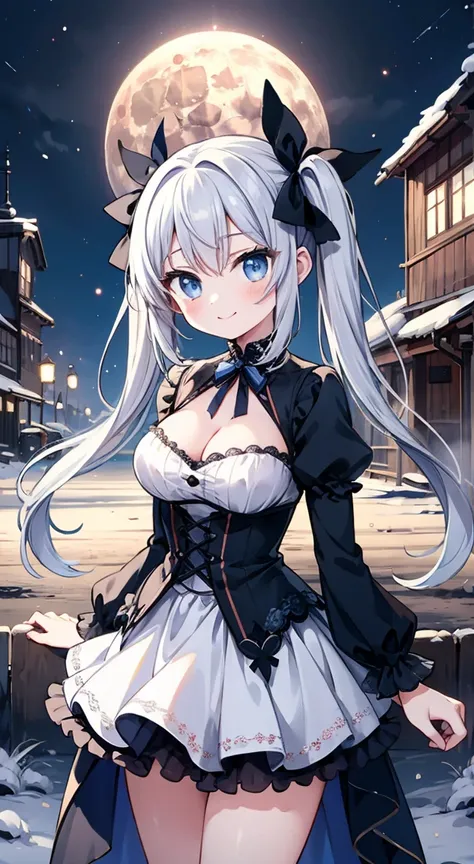 masterpiece, highest quality, (anime screencap:1.3),(shape), cute,(simple:1), (anime:1.2),Solo Sharp Focus,large breasts,seductive smile, 1 girl, cleavage,looking at the viewer, Japan,nighttime,silver hair,((mini skirt)),Are standing, twin tails,((white Go...