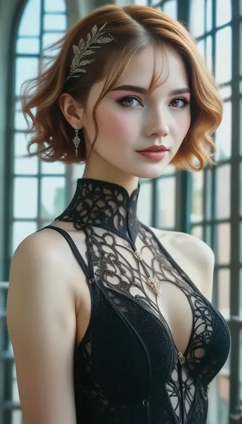 masterpiece,  top quality,  movie stills ,  1 girl, watches viewers、 nudes、 Protruding Breasts 、Claim your breasts、Fatigue、 Shapely breasts, Mesh Brown Hair、 short hair、 short hair、 stylish black dress:1.3,(Intricate and detailed art:1.6), (cuteの娘:1.5),cut...