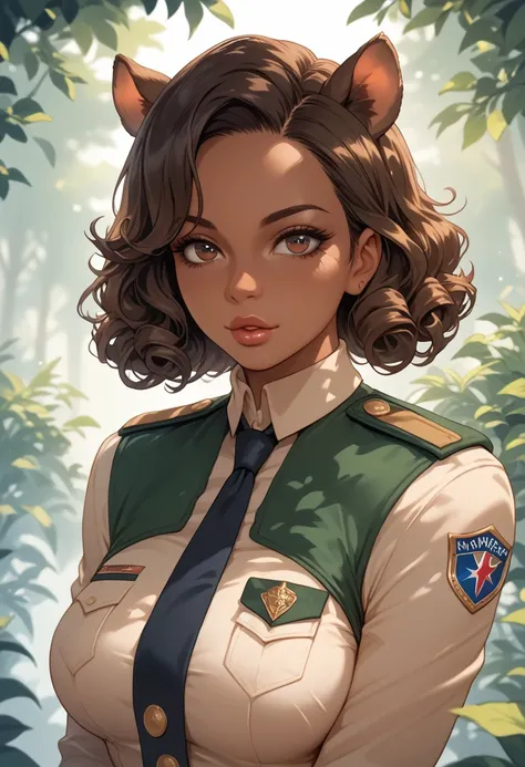 Almond-eyed Dark Mocha-skin tonned African-American woman with SHORT dark curly hair, juicy lips, and a large chest. She is looking seductively  , she is wearing a sexy park ranger uniform squirrel ears and tail. In the forest 