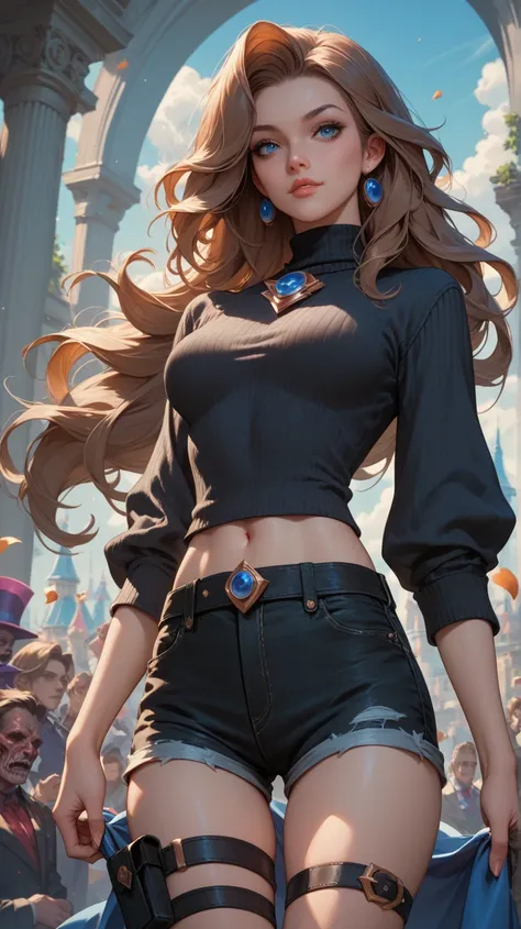 White girl, long hair, brown hair, bright blue eyes, medium breasts, petite, black cargo shorts, thigh belt, black sweater, jeans, magician stance, facing the viewer, dead monster in background