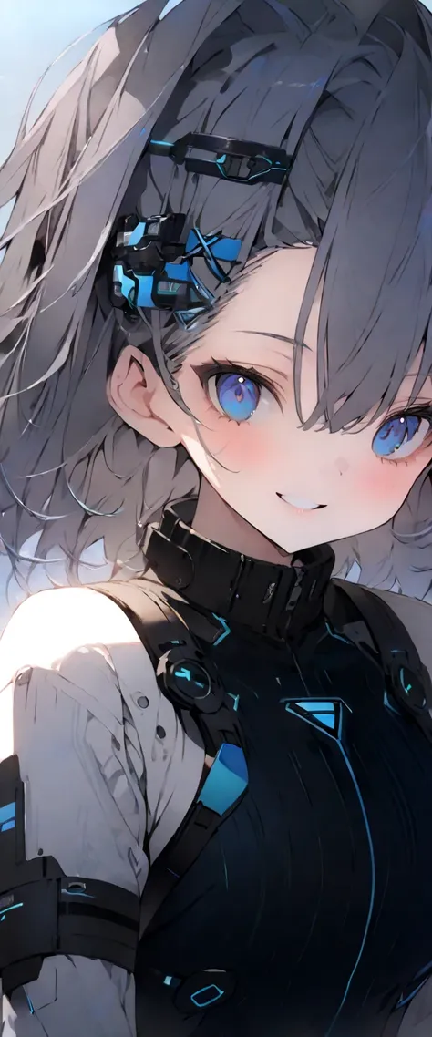 nsfw, beautiful, masterpiece,  top quality, Anime,  one girl, C Cup,  As Portrait Shots ,  show viewers,  covered {x}、 short hair、near、 blue eyes、art、、Gray Hair,Blue striped hair、 wallpaper、hairpin、cute smile、Thighs、、  Sci-fi Hair Accessories、SF Knee High ...