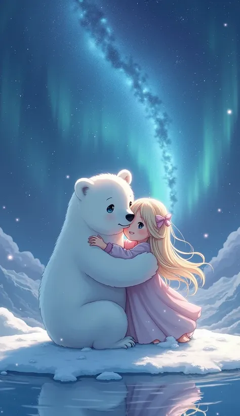  sky full of stars　rainbow　 aurora　water surface　aura　sparkle　 will heal　snow　A cute polar bear has beautiful anime-like eyes 　heart　
Being hugged by a human girl　
 long hair,  smiles, 