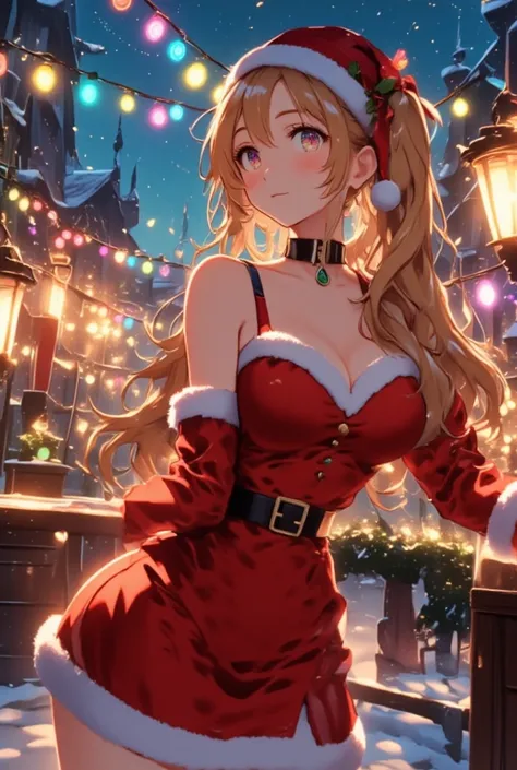 Anime Illustration, Santa claus village, xmas, Christmas decorations, colorful, light bulbs of colors, cinematic, female sexy elf