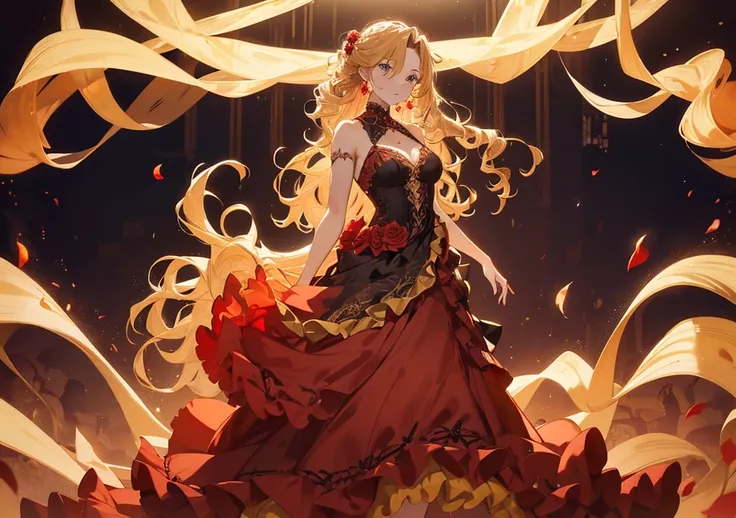 A flamenco dancer with golden blonde hair, styled in intricate waves with a single rose tucked behind her ear. Her poised expression reflects the elegance in the attached image. She is adorned in a ruffled, fiery red and black dress, with subtle motion eff...