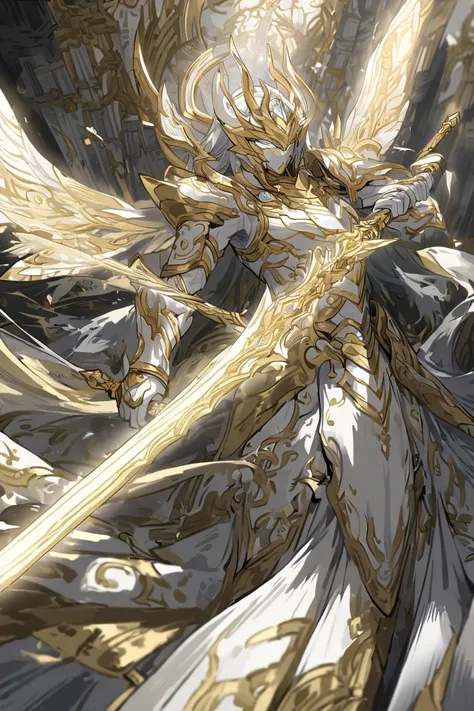 A male entity made of light,  covered with heavenly armor made of lightweight materials, wielding two sabers , white and gold color ,  wings of light made of energy ,  against the background of a ruined temple