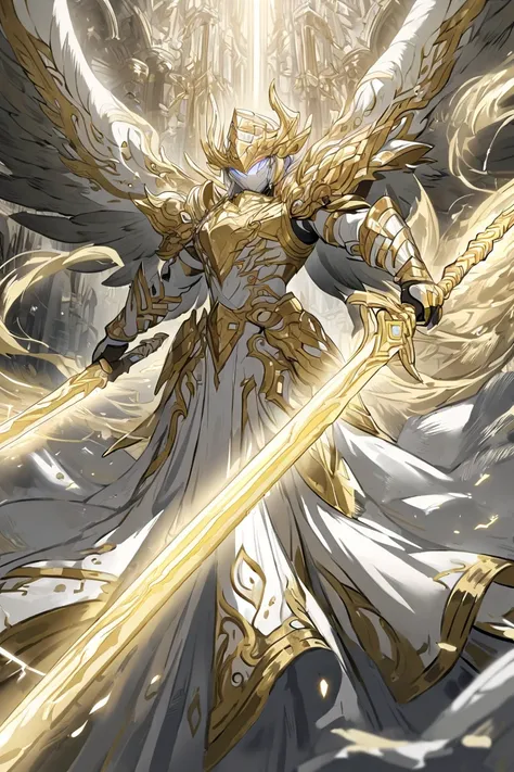 A male entity made of light,  covered with heavenly armor made of lightweight materials, wielding two sabers , white and gold color ,  wings of light made of energy ,  against the background of a ruined temple