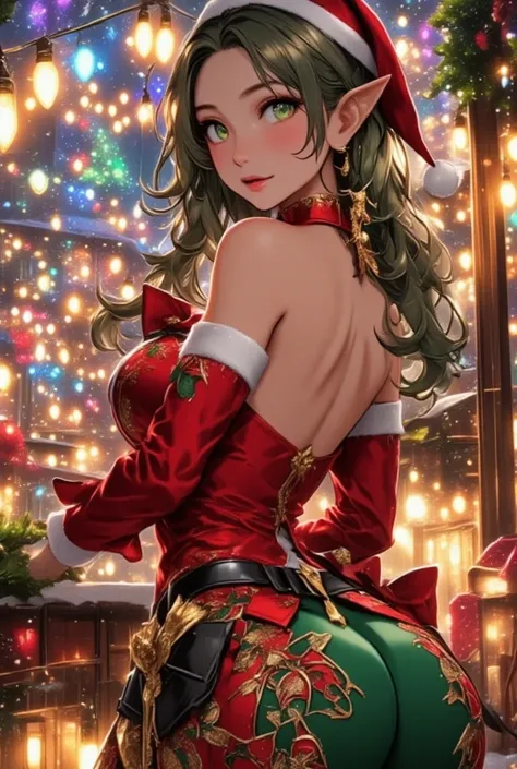 Anime Illustration, Santa claus village, xmas, Christmas decorations, colorful, light bulbs of colors, cinematic, female sexy elf