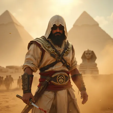 A ruggedly masculine 38-year-old man with dark sunglasses, portrayed in ultra-realistic detail, wearing a heavily weathered Assassin’s Creed Origins-inspired outfit. His textured face shows grit and determination as he stands amidst a violent desert sandst...