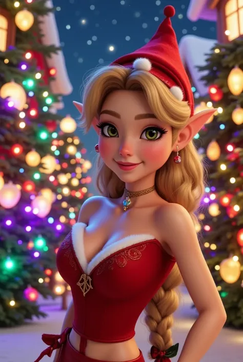 3D Disney Pixar Animation, Santa claus village, xmas, Christmas decorations, colorful, light bulbs of colors, cinematic, female sexy elf