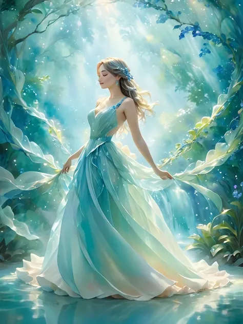 **"(A girl nude amidst an enchanting sapphire-themed environment, featuring rich sapphire colors. Watercolor, oil painting, and pastel techniques creating a soft sapphire color palette. Additional details: - A delicate sapphire anklet wrapped around her an...