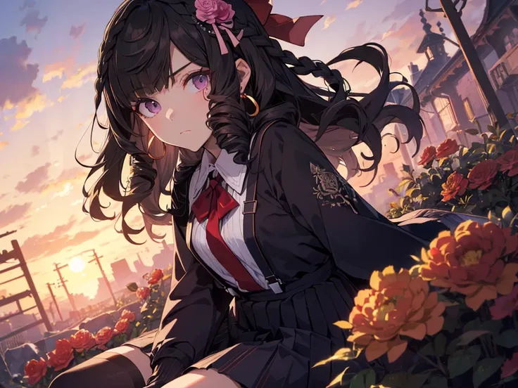 Solo, Girl, (Human Ears, Short Height, Flat Chest), (Ring Earrings), (Black Hair, Long Hair, Curly, Vertical Curls in Front of Bangs), (Flower Hair Ornament, Hair Tie Back with Big Red Ribbon), (Sitting Flat), (Scowling Face, Heavy Makeup), (Purple Clothin...