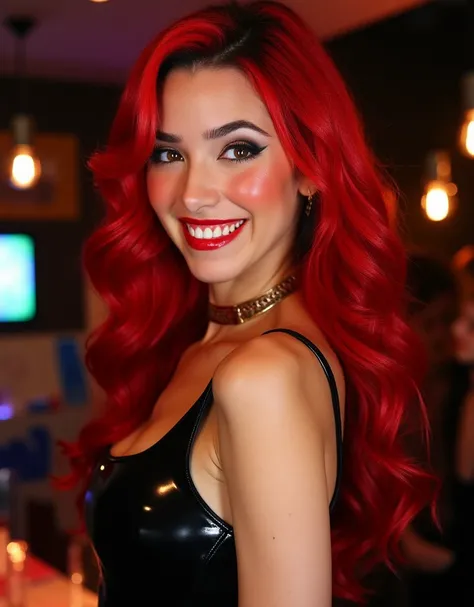 beautiful face portrait, red lip gloss, lip fillers, eyeliner, wearing a latex outfit, red hair, at a party, smiling