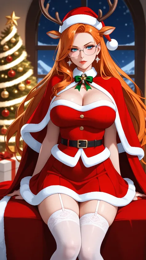  score_9,  score_8,  score_7, source_  animated, 1mature_FE, serious look, thin lips  , Santa Claus dress,  Bite on the Chest, Santa hat,  very long red cape , very red skirt ,  stockings with black lace straps ,  flirty look,  straight orange hair  ,  Ver...