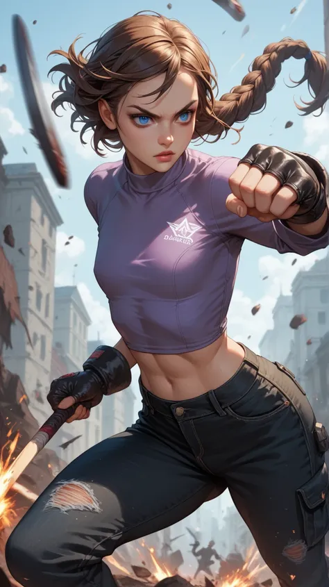 White girl, long hair, brown hair, blue eyes, braided ponytail, flat chest, petite, big hips, slightly defined abs, black cargo pants, long sleeve violet shirt, jeans, fighting gloves, fighting stance, facing the viewer, dead monster in background, heteroc...