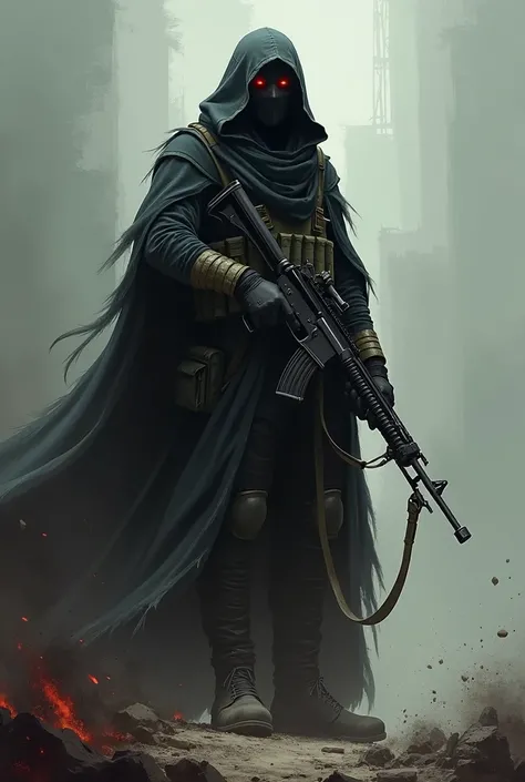 sketch, Death in a faceless hood ,red-eyed , in military gear and with automatic weapons 