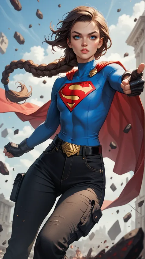 White girl, long hair, brown hair, blue eyes, braided ponytail, flat chest, petite, big hips, slightly defined abs, black cargo pants, long sleeve violet shirt, jeans, fighting gloves, superman punch, facing the viewer, dead monster in background, heteroch...