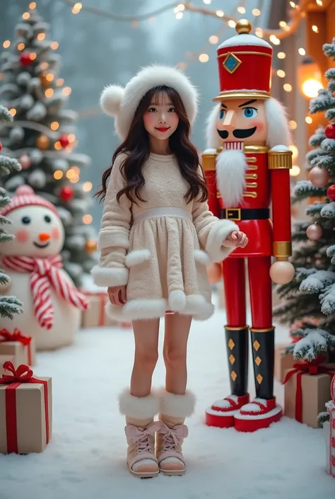 a realistic High resolution image of a charming korean woman with a wavy dark  brown hair wearing a cute candy cane design dress and white furry christmas outfit with gloves, ear mops, and boots while beside a big nutcracker soldier, snow balls front face ...