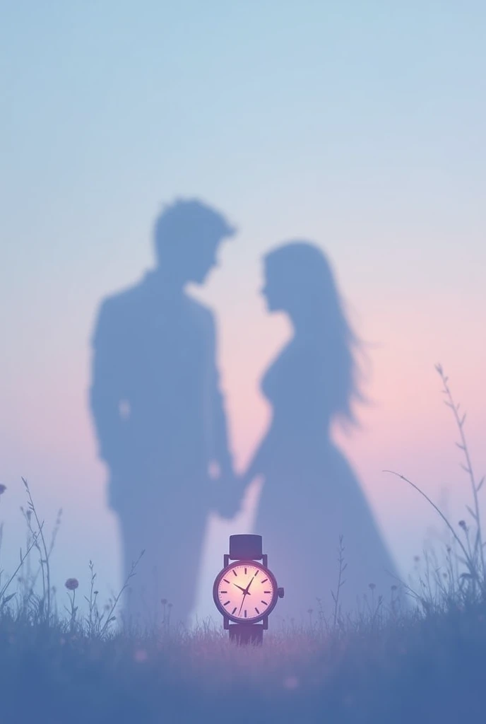  a minimalist and delicate design , use cold and pastel tones In the center , a couple emerges in a soft silhouette that you cant see their faces.  About them ,  stands out a watch that emanates a subtle light The background is simple,  but no less strikin...