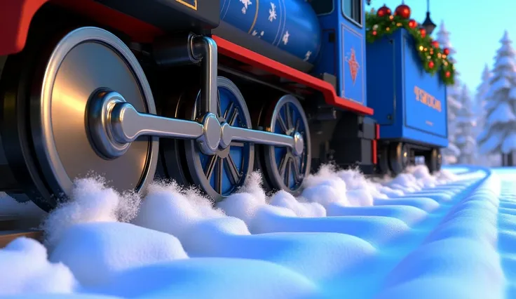 An extreme close-up Pixar-style cartoon shot of the steel wheels of the blue Christmas train cutting through snow-covered tracks. The polished steel glints in the soft winter light, while fluffy clouds of snow spray up dramatically as the wheels churn forw...