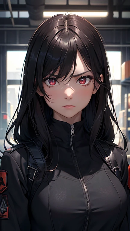 8k resolution,((Best Quality)),Ultra-high resolution,Adult women, Alone, sexy, (Angry expression), (Deep red eyes), A beautiful, symmetrical face, (Black messy long hair),Black military vest,Combat Uniform,Suit pants,Realistic:1.4,Realistic:1.4,(masterpiec...