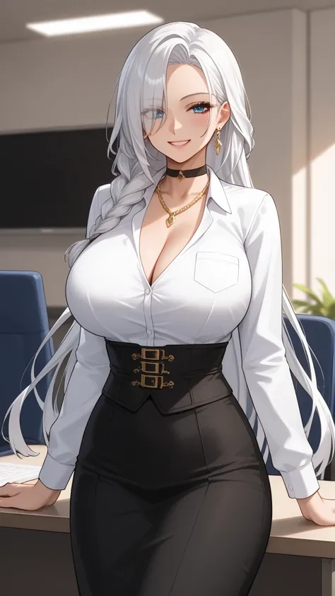  score_9,  score_8,  score_7, source_  animated, 1mature_FE, Only 1 woman ,  Administrator  :  Tall woman, smile, thin lip,   elegant gold chain necklace,  black choker , office clothes, camisa blanca, black corset,  black skirt very long skirt  ,  white l...