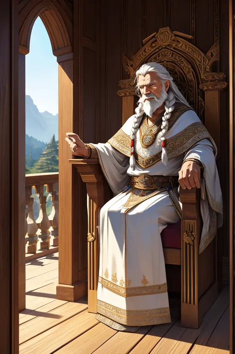 an elderly man,  long, braided white hair , Viking clothing ,   facial expression of grandeur ,  seated on a mirrored wooden throne ,  setting a terrace of a stone palace, neve,  whether , high quality,  perfect,   intricate details ,  8k, masterpiece 