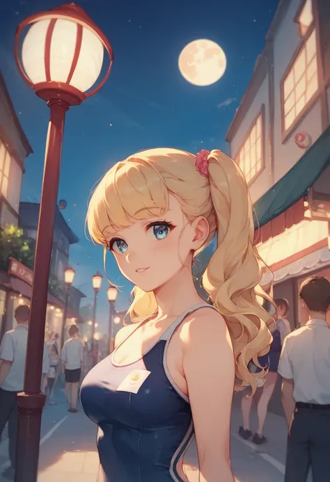 masterpiece,  top quality, Miranda, (Half Body Shot,Street lights,moon),masterpiece,  1 girl in uniform, sexy swimsuit、 cute、blue sky　eyes are pale yellow 、 cute太もも　lake