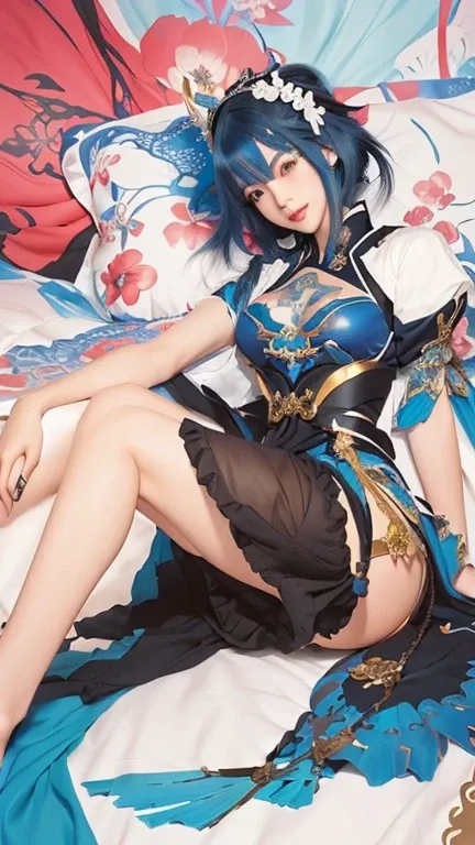  girl with blue hair and black dress sitting on a bed, extremely detailed artgerm, onmyoji detailed art, ! dream artgerm, style artgerm,  goddess, cushart krenz key art feminine, style of artgerm, artgerm style, artgerm colorful!!!, onmyoji, detailed key  ...