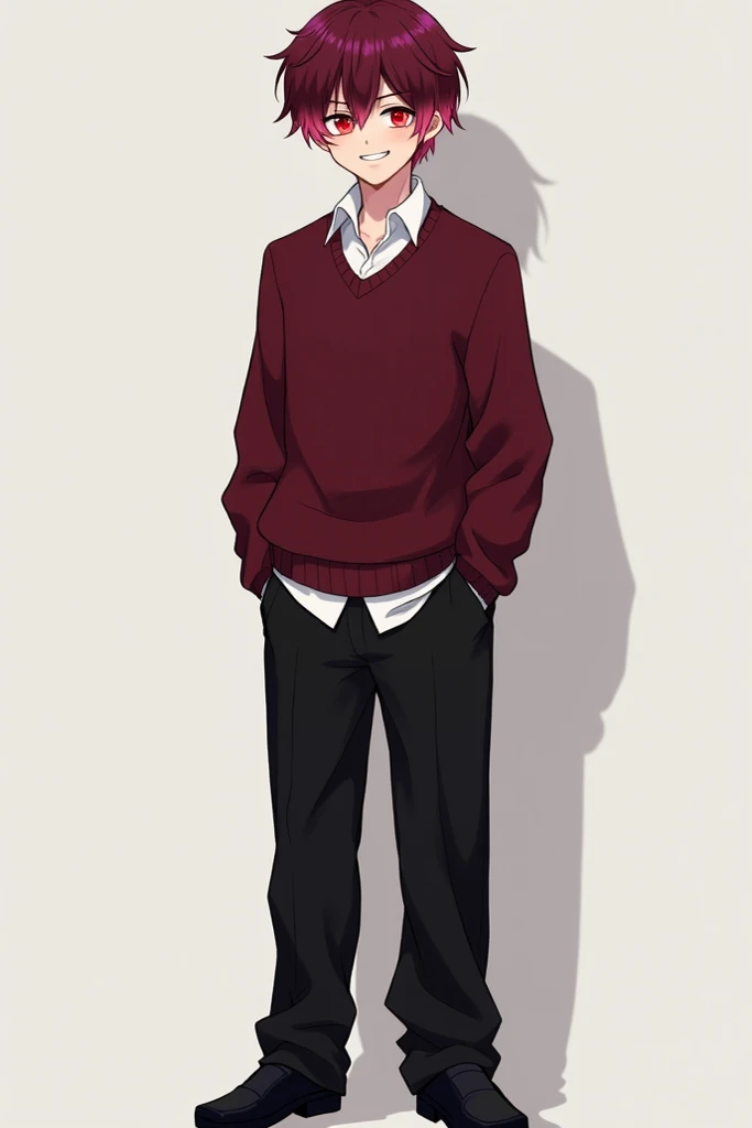 ((best qualityA average height seventeen years old teenager with bright red eyes, the top of his hair is dark red and the ends of it are pink, he always has a weird smile and a burgundy fully closed sweater over his white shirt. black loose pants and a bla...