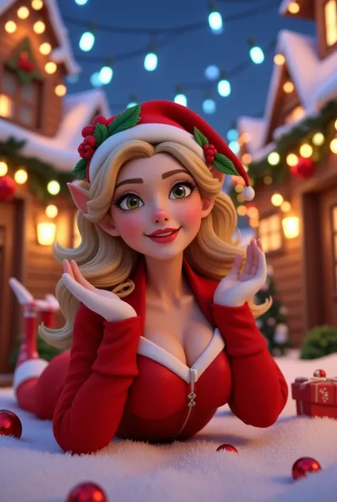 3D Disney Pixar Animation, Santa claus village, xmas, Christmas decorations, colorful, light bulbs of colors, cinematic, female sexy elf, Christmas Babe, wearing tight clothes that accentuates her narrow waist and wide hips, Lying on the ground 