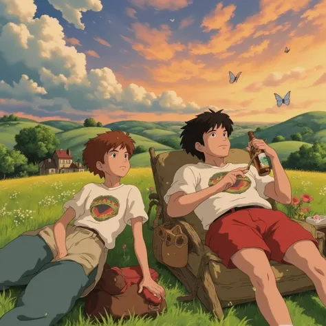 Men Holding a Bottle of Beer, Farm Setting, Anime Style Studio Ghibli