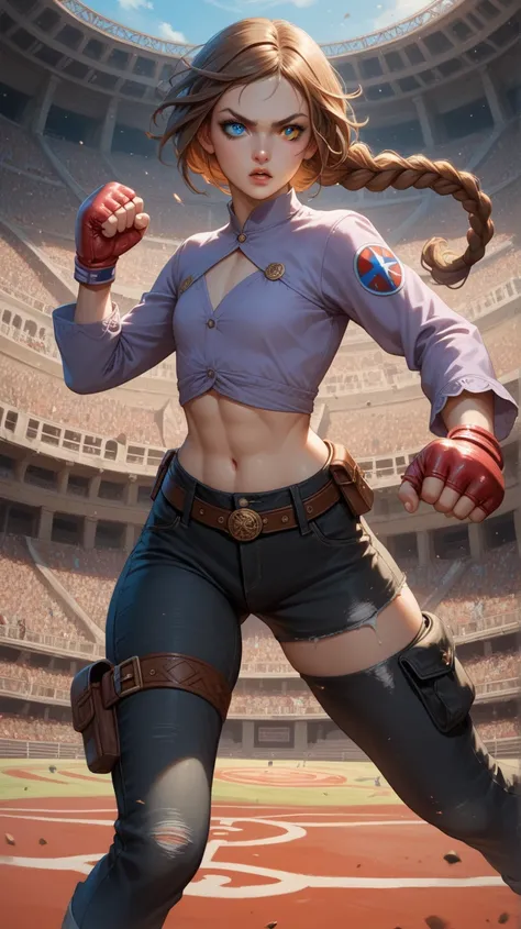 White girl, long hair, brown hair, blue eyes, braided ponytail, flat chest, petite, big hips, slightly defined abs, black cargo pants, long sleeve violet shirt, jeans, fighting gloves, fighting stance, punch, ancient colosseum, heterochromia iridum, thigh ...