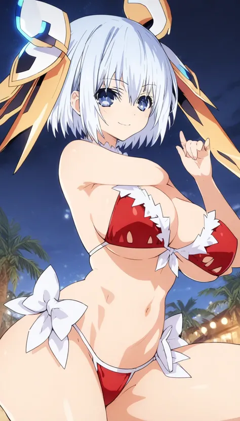 Origami Tobiichi, date a live, Christmas bikini , sensual body, date a live, Seductive pose showing thighs. Night beach.  mischievous smile 