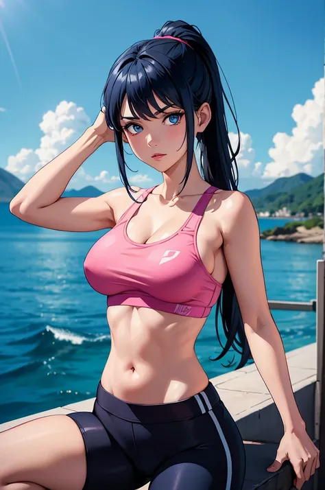 1girl, medium dark blue hair, blue eyes, pink sports bra, black yoga pants, nsfw, absurdres, high res, ultrasharp, 8K, masterpiece, looking at viewer, midriff , ponytail