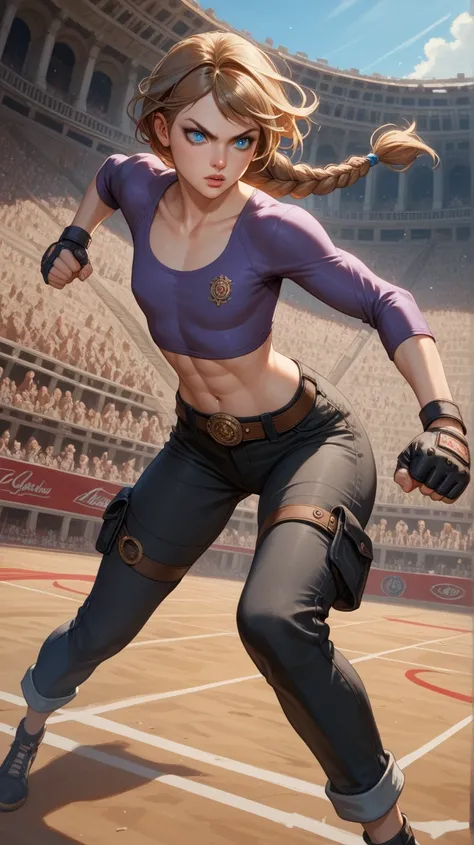 White girl, long hair, brown hair, blue eyes, braided ponytail, flat chest, athletic, big hips, slightly defined abs, black cargo pants, long sleeve violet shirt, jeans, fighting gloves, fighting stance, punch, ancient colosseum, heterochromia iridum, thig...