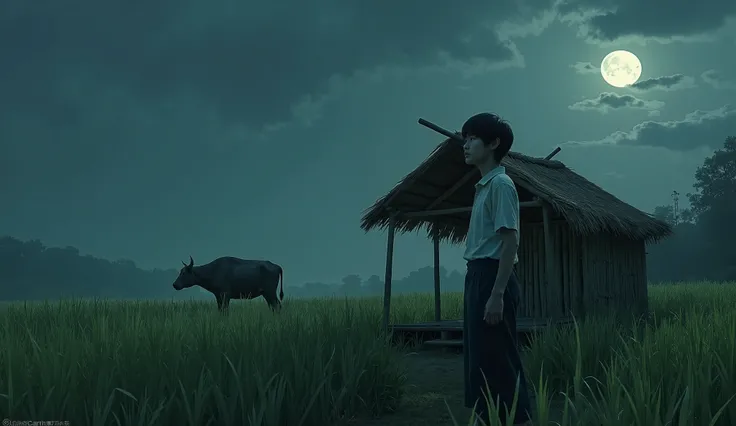 "A young country man in a mo hom shirt and bell-bottoms stands by a bamboo hut next to a rice field at night. The atmosphere is lonely. The soft moonlight passes through the thin clouds, shining on the green grass. The wind blows all around, causing the ri...