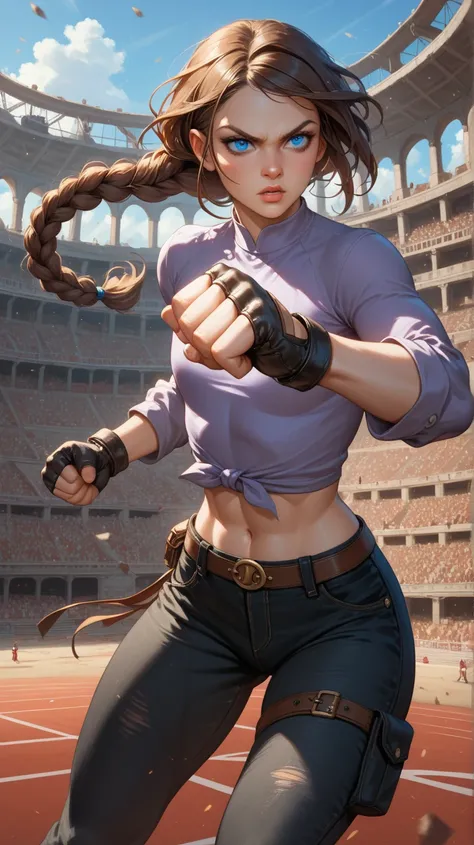 White girl, long hair, brown hair, blue eyes, braided ponytail, flat chest, athletic, big hips, slightly defined abs, black cargo pants, long sleeve violet shirt, jeans, fighting gloves, fighting stance, punch, ancient colosseum, heterochromia iridum, thig...