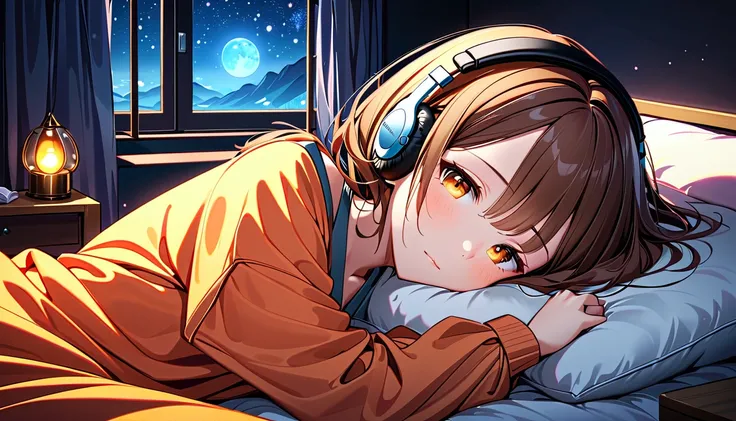 background：Dark room、 there is a small light on the bedside。  
expression： face sleeping peacefully 。  
Costume：pajamas。  
 pose：Wrapped in a futon 、 sleeping on her side with her cheeks on a pillow 。  
scene：( brown-haired girl wearing headphones ), ( spe...