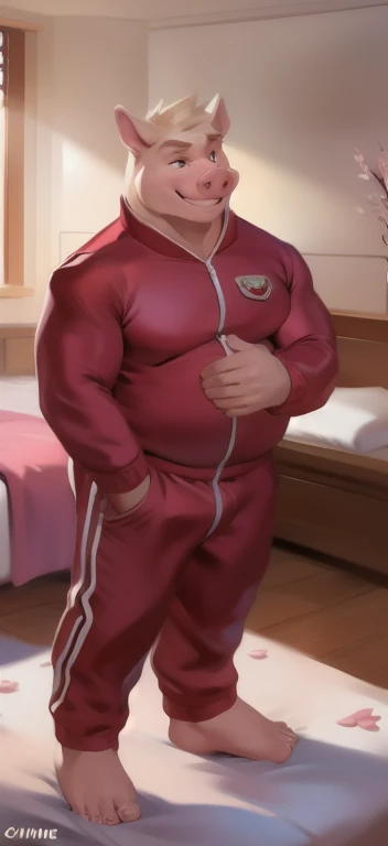 Living with a baby pig​,male Tall,huge body,sakura blossom leaves much, sleepless, bed,big pig ,Catch the body of a baby pig, red Tracksuit soldier , overweight, muscular,smirking evil​, by chunie