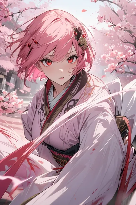 (( best quality)), ((masterpiece)), ( Details),  female in her 20s,  hair ornament, Pink short hair,  red eyes,  Japanese clothes that are easy to move,  less exposed , Fleeting, bleed, cherry blossoms