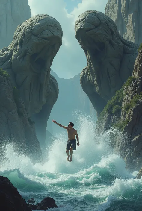 Man being thrown by stone giants in the middle of the sea 