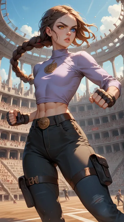 White girl, long hair, brown hair, braided ponytail, flat chest, athletic, big hips, slightly defined abs, black cargo pants, long sleeve violet shirt, jeans, fighting gloves, fighting stance, ancient colosseum, heterochromia, thigh belt