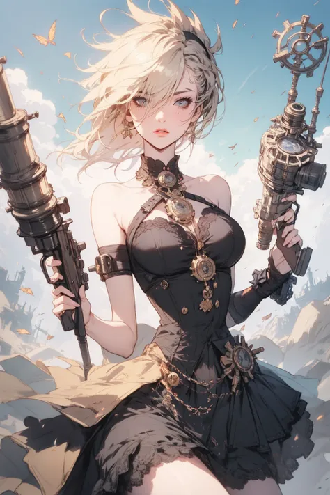 score_9, score_8_up, score_7_up,,very large neckline,,Yoji Shinkawa art style,,darkest dungeon style art, dark souls style art,,epic atmosphere, saturate colors,a sexy steampunk with a aiming kneeling from the top of a ledge with long steampunk sniper, ver...