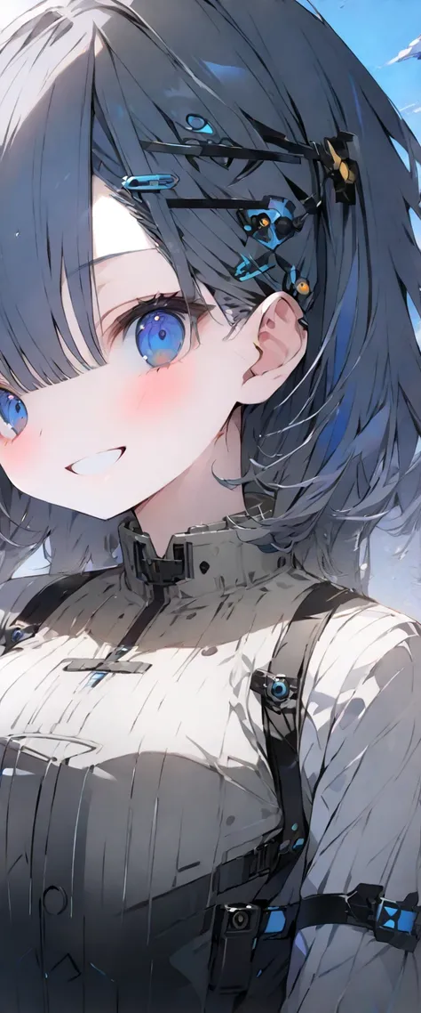 nsfw, beautiful, masterpiece,  top quality, Anime,  one girl, C Cup,  As Portrait Shots ,  show viewers,  covered {x}、 short hair、near、 blue eyes、art、、Gray Hair,Blue striped hair、 wallpaper、hairpin、cute smile、Thighs、 fellas、  Sci-fi Hair Accessories、SF Kne...