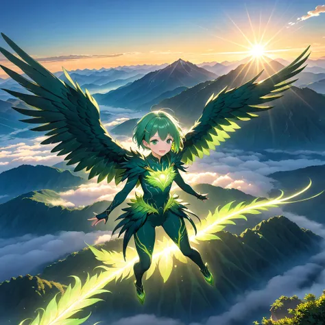 Masterpiece,Best quality, Anime style,game cg, Girl, green hair, extra short hair, boyish, harpy, winged person, exposed skin, green feathers that cover the chest, green feathers that cover the crotch, flying with spread wings, above the clouds, high mount...